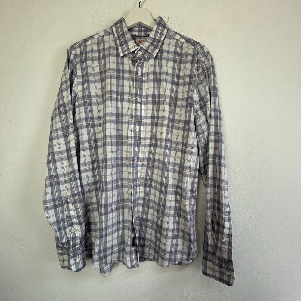 Faherty Mens Plaid Button-Up Long Sleeve Casual Shirt Medium Gray/White Stretch